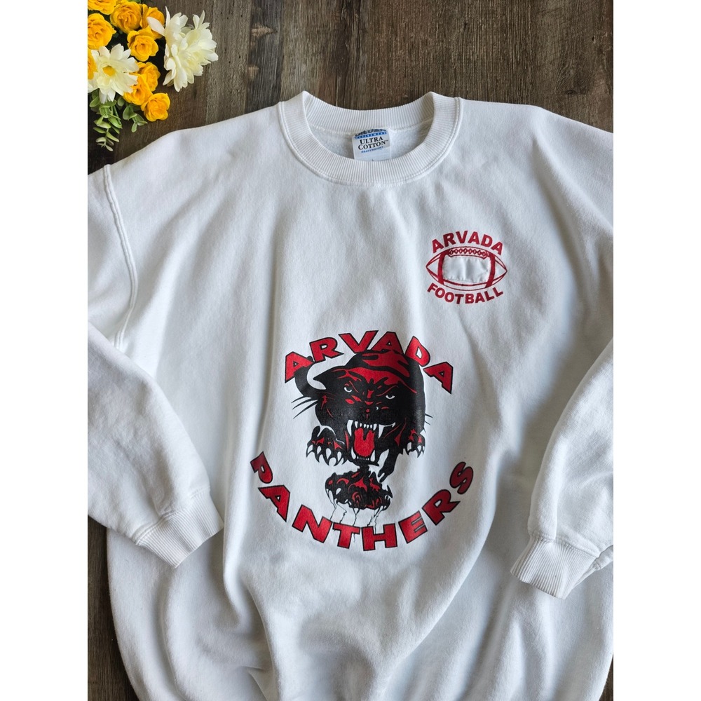 Vintage Arvada Panthers HS‎ Football Sweatshirt White Cotton Crewneck Size L